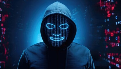 anonymous man, hacker wearing mask over dark background, streaming binary code in background