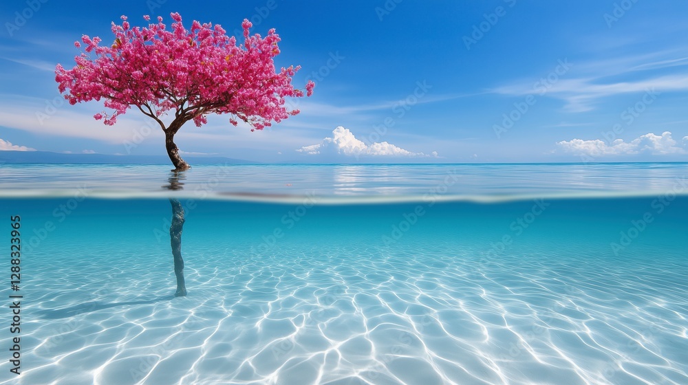 Poster Flowering tree under the surface of the ocean, clear water illuminated by the light of the sun