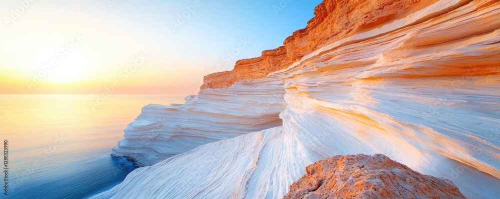 Poster weathering process idea. stunning seaside cliffs at sunset, showcasing vibrant colors and unique roc