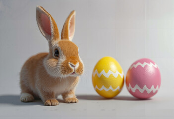 Obraz premium A small rabbit sitting next to two painted easter eggs