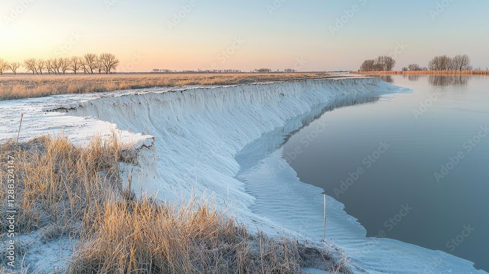Poster weathering process idea. a serene riverside view showcasing soft dawn light and peaceful natural bea