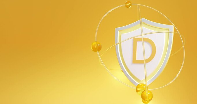 letter D as a symbol of vitamin d cholecalciferol, located on a shield, orbiting orbits with atoms, looped 3d rendering on an orange background