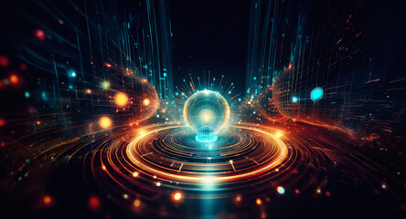 Obraz premium Bright orb emits light and energy with radiating lines and circular waves of blue and orange. Abstract and futuristic, creating a technological feel.