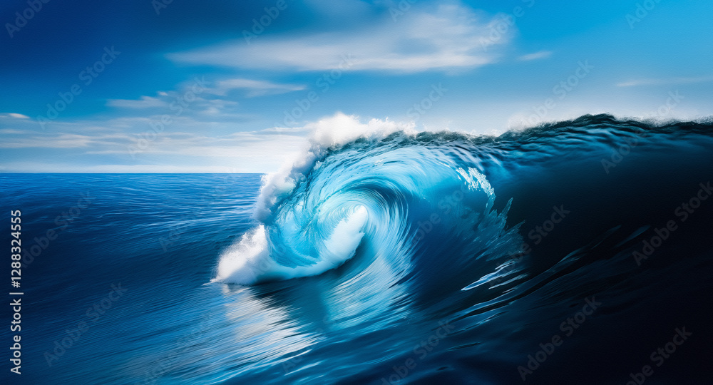 Leinwandbilder ocean wave curls powerfully under a partly cloudy sky. deep blue water contrasts with the white cres