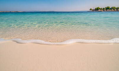 Fototapeta premium A breathtaking view of a turquoise sea meeting a pristine white sandy beach, Generative AI