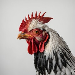 A rooster mid-crow, its beak open and its stance strong, a perfect contrast against a white background.