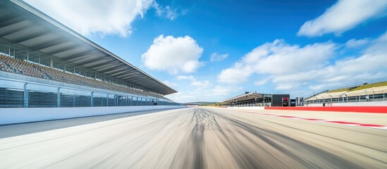 Fototapeta premium Race Track Speed Blur Panorama: A Thrilling View of a Modern Formula 1 Circuit Under a Bright Sunny Sky