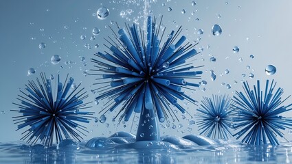 Abstract visual of spiky blue structures rising from water, surrounded by splashing droplets under soft light