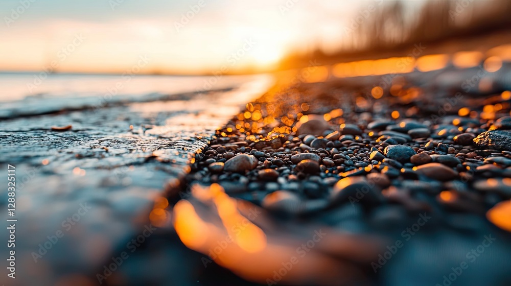 Poster weathering process idea. scenic view of pebbles and sunset reflecting on the water's surface.