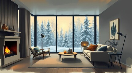 Fototapeta premium foggy atmosphere. Cozy Scandinavian interior, large windows revealing snowy forest