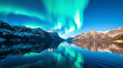 Naklejka premium Norwegian lake reflecting the northern lights