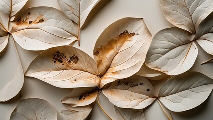 Close-up of dried leaves in muted tones, displaying intricate textures and natural patterns