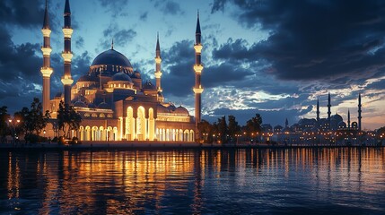 Obraz premium Majestic Mosque at Dusk: A Digital Art Depicting Illuminated Mosque with Minarets, Reflected in Water, Under a Dramatic Sky for Islamic Architecture, Spiritual Themes, and Cultural Representation
