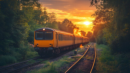 Obraz premium Train Sunset Forest Tracks