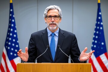 A man in a suit and tie standing at a podium with two flags behind him