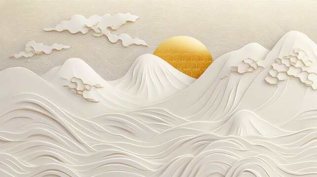 Serene Mountainscape: A minimalist artistic rendition of rolling mountains, adorned with delicate clouds and a golden sun.