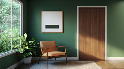 cozy interior featuring vintage chair, green walls, and natural light. room includes plant and wooden door, creating serene atmosphere