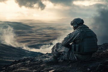 A solitary soldier contemplates in a desolate environment with mountains