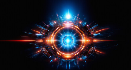 Obraz premium Abstract glowing circular design featuring bright blue and orange lights radiating from the center on a black background. Futuristic, technological, and energetic style.
