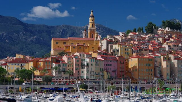 Panorama of the colorful French city on the Mediterranean Sea Menton