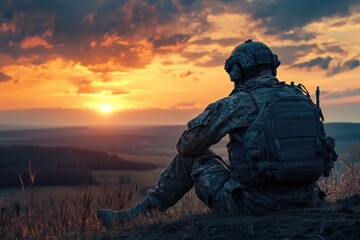 Soldier sits looking at the sunset over a vast landscape