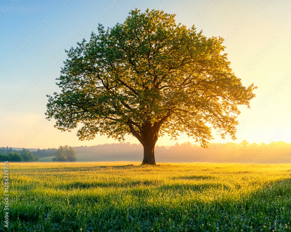 Poster a large tree stands alone in a lush green field with the golden sunlight shining through the branche