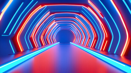 3D rendering of sci-fi stretch background with geometric tunnel and neon lines, 3d rendering concept illustration