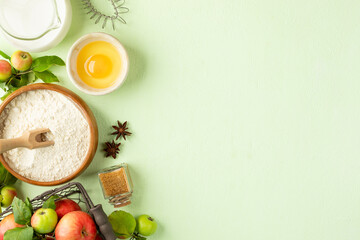 pie baking ingredients with apples spices and tools. Cooking apple pie.