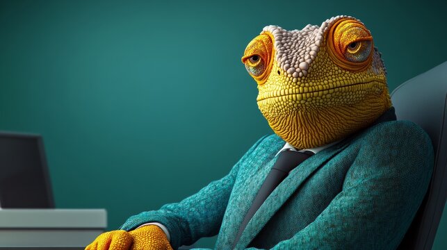 Frog wearing a suit and tie sits at a desk with a laptop. The frog has a serious expression on its face, and it is working. Concept of professionalism and focus - Powered by Adobe