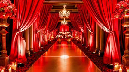 A long red wedding aisle decorated with red flowers and candles