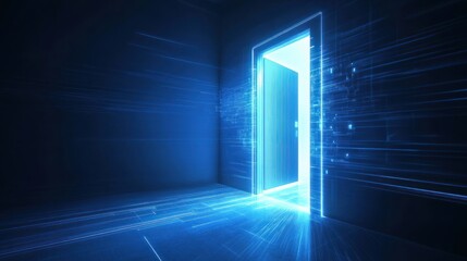 Glowing door in dark room, digital data streams.