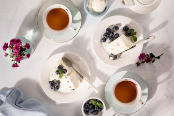 Homemade delicious Cheesecake with blueberries on a white table with shadows from the sun.