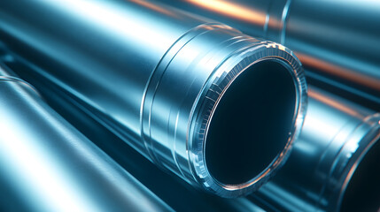 Closeup illustration of metal steel pipes stored after production in industrial manufacturing, real economy concept illustration