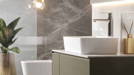 Fototapeta premium Modern bathroom design featuring sleek sink, stylish faucet, and elegant decor. space is enhanced by natural light and touch of greenery, creating serene atmosphere