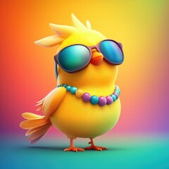 Fototapeta premium Y2K concept. A stylish yellow bird wearing sunglasses and a colorful necklace, posing against a vibrant gradient background, exuding a fun and playful vibe.
