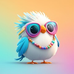 Obraz premium Y2K concept. A cute, colorful bird with glasses and a necklace, set against a vibrant gradient background, exuding a playful, whimsical vibe.