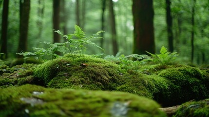 Fototapeta premium A dreamy forest floor covered in soft moss and ferns, growing abundantly on rough stones and fallen tree trunks.