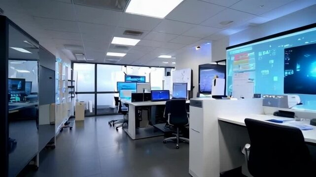A large office space with a blue wall and a large monitor. There are several computer monitors and a large screen on the wall. The room is well lit and has a modern, professional feel