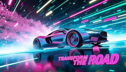 Obraz premium Futuristic Cyberpunk Car Racing Through Neon Glitch Streets