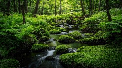 Obraz premium A hidden nature spot in Japan, where a cool brook winds through a thick carpet of vibrant ferns and moss.
