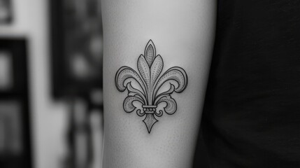 Close-up of intricate, monochrome fleur-de-lis tattoo at the heart of a square, exuding elegance with precise lines and stark contrast