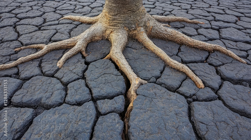 Aufkleber weathering process idea. a close-up of a tree root on cracked soil, showcasing the impact of drought