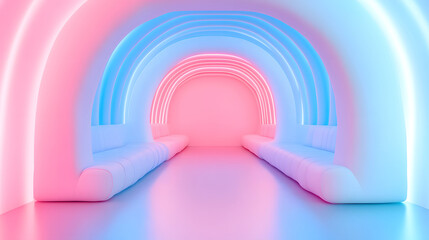 Obraz premium 3D rendering of sci-fi stretch background with geometric tunnel and neon lines, 3d rendering concept illustration