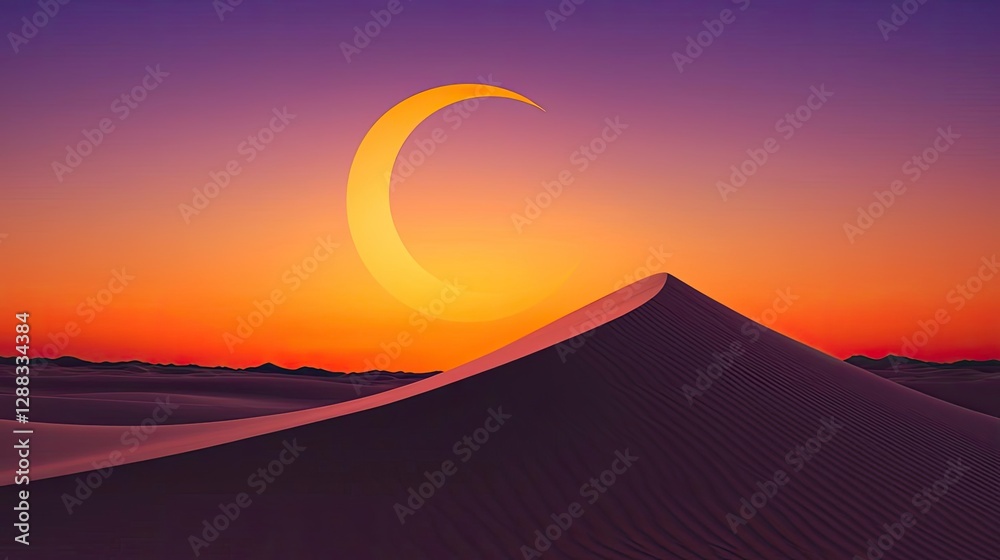 Poster weathering process idea. a vibrant sunset over a sand dune with a crescent moon in a serene desert l