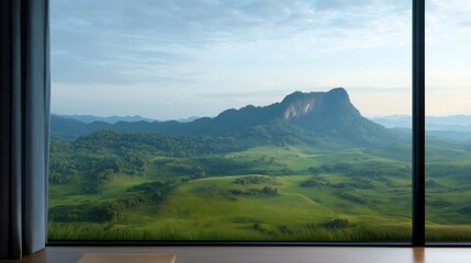 View from the large panoramic window over the green mountain