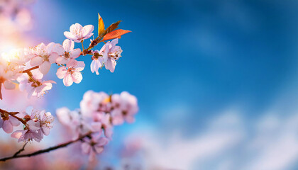 Close-up of cherry blossoms with a blurred sky background, bright and fresh, perfect for flyer backgrounds with space for branding or text overlay