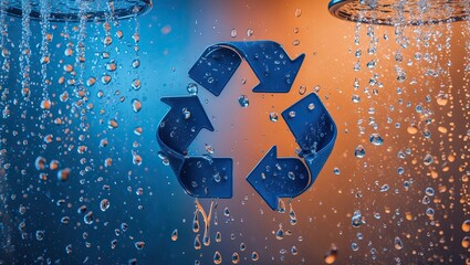 A blue and orange background with rain droplets cascading down, featuring a prominent recycling symbol at the center, symbolizing sustainability and