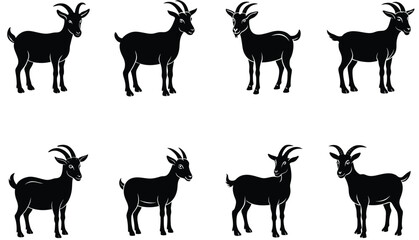 Goat Silhouette. Goat vector shilhouette bundle. Goat Set Icon. Vector Goat Silhouette Isolated On White.