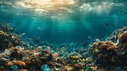 Fototapeta premium Beautiful coral reefs with plastic waste, marine animals trapped in trash, highlighting the damage of marine pollution