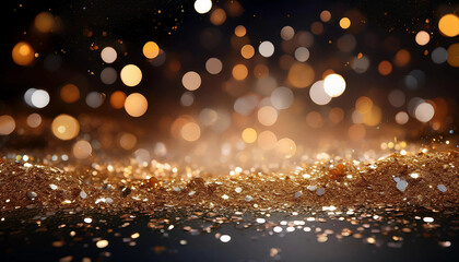 Elegant glamour flyer background with sparkling gold and silver glitter, soft bokeh lights, and a rich velvet-like dark background. Perfect for luxury events and party invitations